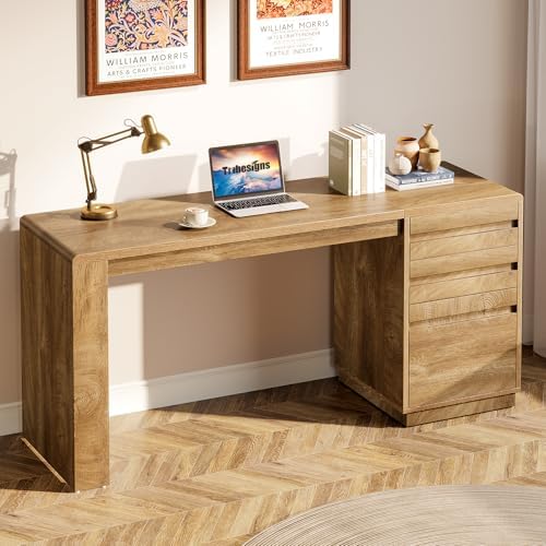 Tribesigns 55-Inch Computer Desk with 3 Drawers, Farmhouse Home Office Desk with Adjustable File Cabinet, Study Table Office Workstation, Walnut Brown by Tribesigns