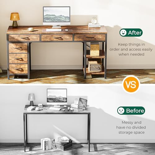 Huuger Computer Desk with 6 Drawers, Office Desk with Shelves, Reversible Gaming Desk, Corner Desk with Storage, Work for Home Office, Study, Living Room, 54inch, Rustic Brown - Image 5