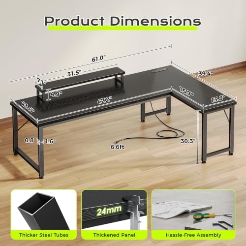 PRAISUN 61" L Shaped Computer Desk, Power Outlets, Monitor Stand, Black - Image 3