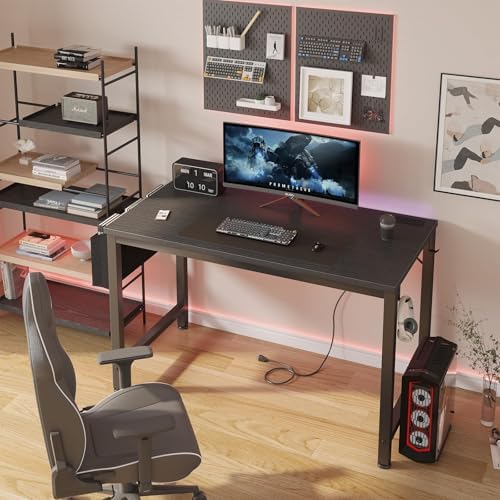 Lufeiya Gaming Desk with Power Outlet, 47 inch Teen Study Table Home Office Work Writing Computer Desks with Charging Station Outlets Built in, Black - Image 2