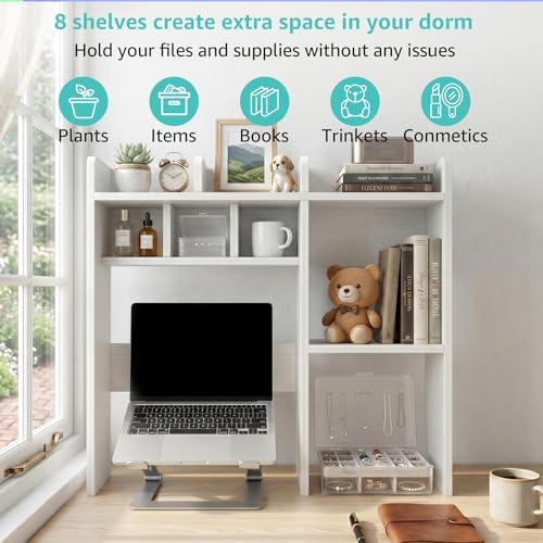 NUTIKAS Desk Hutch White Desktop Bookshelf Shelf - 30 Inch Computer Desk Organizer for Dorm Room, Wood Storage Rack for Home Office Desktop Display Shelves, Small Bookcase for Top of Desk - Image 7