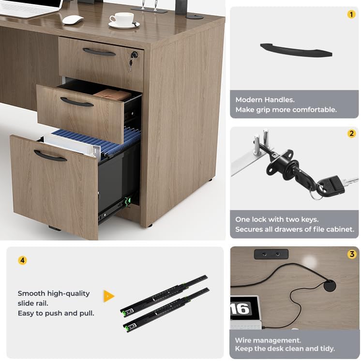 66.93'' U-Shaped Executive Office Desk with Locking File Cabinets, Commercial-Grade Workstation with Cable Management, Heavy Duty Executive Office Furniture, Lime - Image 4