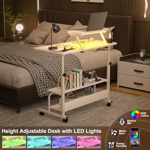 Height Adjustable Standing Desk with Power Outlets and LED Lights - 32" Manual Stand Up Desk with Monitor Stand and Storage Shelves Small Mobile Rolling Computer Desk Portable Laptop Table, White - Image 5