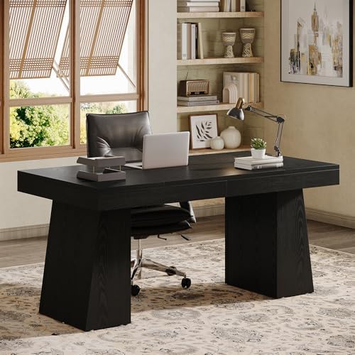 Tribesigns 55" Executive Desk, Wooden Office Desk with Double Pedestal, Modern Simple Computer Writing Table for Home Office, Black - Image 4