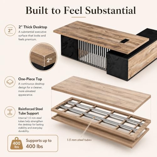 70.86 Inch Large Executive Desk with Drawers Cabinet, L Shaped Office Desk, Computer Desk with Universal Charging Ports and Cable Management for Business Furniture Set Workstation for Home Office - Image 5