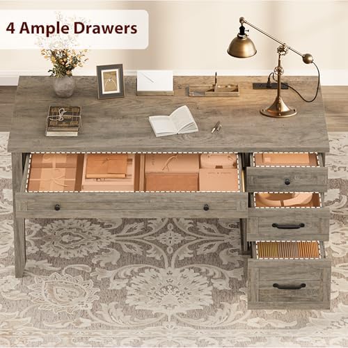 53.54" Executive Desk with Drawers, Farmhouse Home Office Desk with Charging Station & File Cabinet, 4 Storage Drawers Wooden Computer Desk with Power Outlet for Work Study Writing, Grey - Image 5