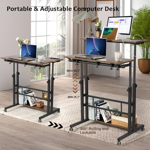 Hadulcet Mobile Standing Desk Adjustable Height, Rolling Desk Stand Up Desk, Mobile Laptop Desk, Rolling Computer Desk with Charging Station, Portable Desk with Wheels, Rustic Brown - Image 3