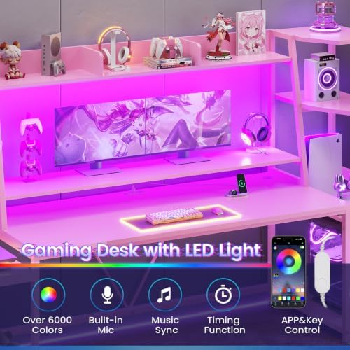 SEDETA 79'' Gaming Desk with LED Lights, Hutch and Storage Shelves, Pink - Image 4