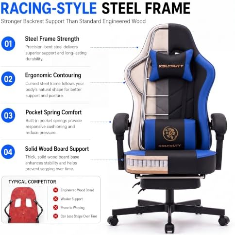 Desk Computer Gaming Chair - High Back Ergonomic Office Chair with Footrest and Lumbar Support, Swivel Comfy Home Gamer Video Game Chairs with Pocket Spring Cushion for Adults (Blue Leather) - Image 4