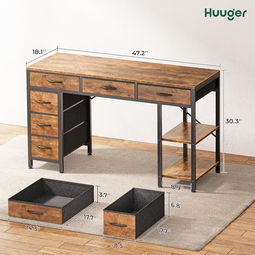 Huuger Computer Desk with 6 Drawers, Office Desk with Shelves, Reversible Gaming Desk, Corner Desk with Storage, Work for Home Office, Study, Living Room, 47inch, Rustic Brown - Image 3