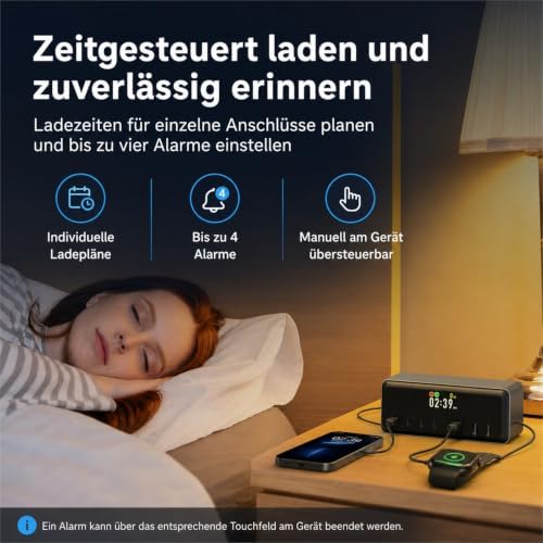 LIMETA MDSS2 8-Port 200W Desktop USB C Charger Multi-Function Fast Charging Station Bedside USB-A Charger with Alarm Clock Smart Timed Charging - Image 6