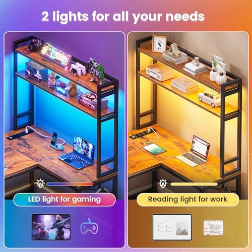 SEDETA L Shaped Desk with Hutch, 45.3” Reversible Home Office Desk, L Shaped Gaming Desk with LED Lights, Power Outlet, Storage Shelves and Hooks for Small Space, Rustic Brown - Image 5