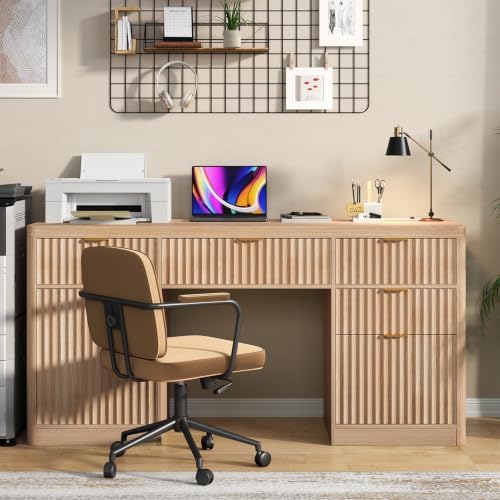 knoworld Fluted Executive Desk with Charging Station, 58" Wood Home Office Desk with 4 Drawers, 1 File Cabinet, 1 Storage Cabinet, Modern Writing Desk for Work, Living Room, Bedroom (Natural) - Image 3