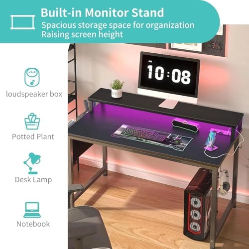 Lufeiya Small Desk with Power Outlets and LED Lights, 32 Inch Teen Writing Study Table Home Office Computer Desks with Monitor Stand, Gaming Desk with Charging Station, Black - Image 5