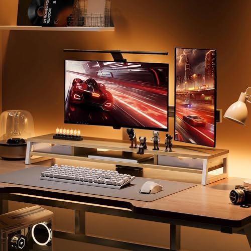 Fenge Dual Monitor Stand Riser, 42.5in Desk Shelf with 2 Drawers, Oak - Image 6