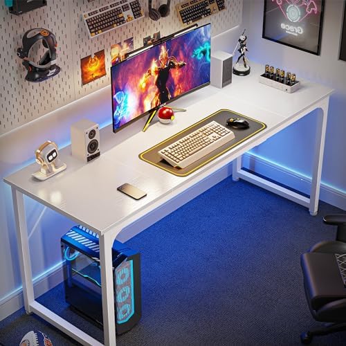 Huuger Computer Desk, 63 Inch Office Desk, Gaming Desk with Storage, Writing Desk Work Desk for Home Office, Study, Modern Simple Desk, Large Legroom, Metal Frame, White - Image 4