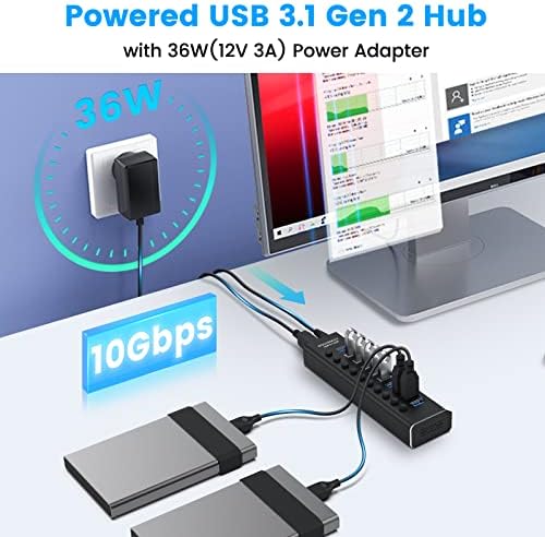 Rosonway 10-Port Powered USB 3.2 Hub 10Gbps,Aluminum USB Hub 36W, RSH-A10S - Image 2