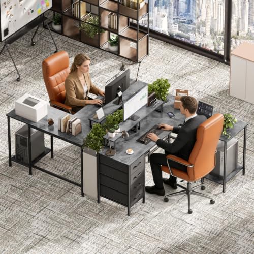Korfile 59 inch L Shaped Computer Desk with Power Outlets, Home Office Desk with 4 Adjustable Storage Drawers & 2 Monitor Stands, Two Person Gaming Table for Bedroom, Grey - Image 2