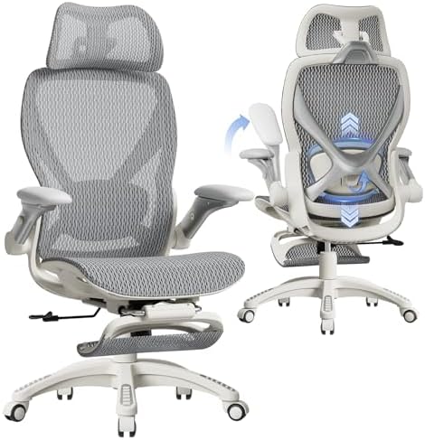 ELABEST X100 Ergonomic Mesh Office Chair with Footrest, Big and Tall Home Desk Chair with 5D Flip-Up Arms, Adjustable 3D Lumbar Support, Gaming & Executive Computer Chair (First Light) by ELABEST