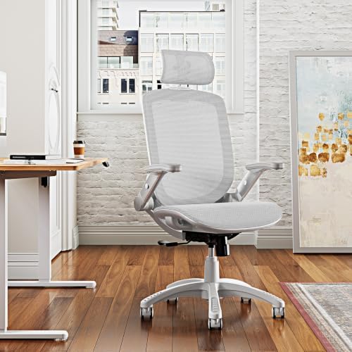 GABRYLLY Ergonomic Office Chair, High Back Home Desk Chair with 2D Flip-Up Arms, 3D Headrest, 90-120° Tilt and Wide Cushion, Big and Tall Mesh Chairs for Man Woman, Computer Task Chair Light Grey - Image 2