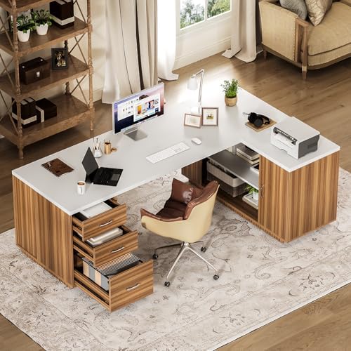 LITTLE TREE 87-Inch Modern Executive Desk with File Cabinet, Large Home Office Desk with Drawers, 3-Drawer Wooden File Cabinet, Spacious Workstation for Home Office (White & Brown) - Image 6