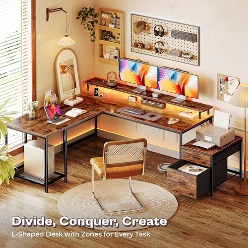 PRAISUN 66" L Shaped Gaming Desk with LED Lights & Power Outlets - Image 6