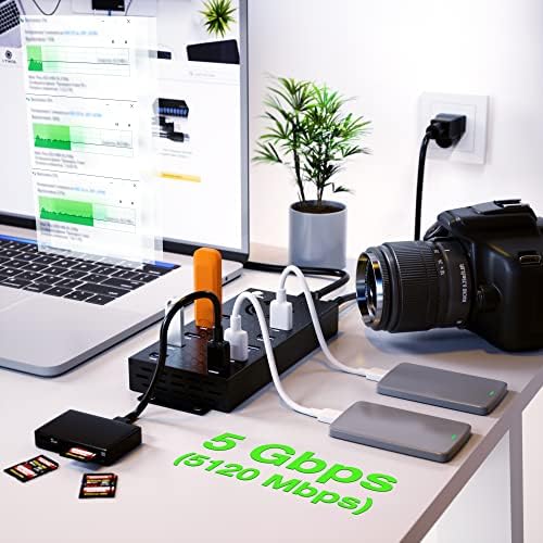 USB 3 0 Hub - 10 Ports Powered USB Hub - Charging & High-Speed Data Transfer USB Expander Hub - up to 5Gbps High-Speed USB Splitter - Aluminum Alloy Multiple USB Port Hub for Laptop Phone Tablet PC - Image 3