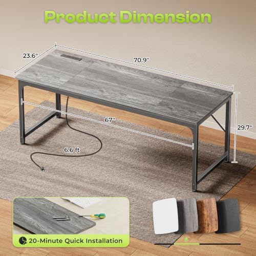 PRAISUN 70x24 Inch Computer Desk with Power Outlets & USB-C, Grey - Image 3