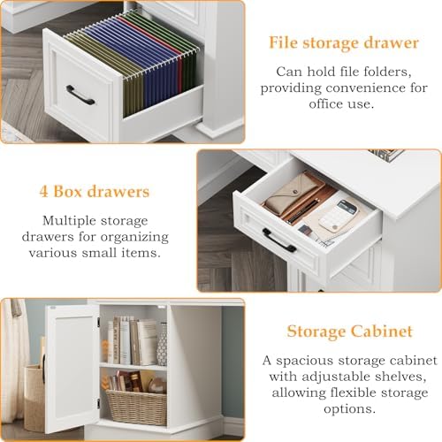 Vabches Executive Desk with 5 Drawers, Cream White - Image 6