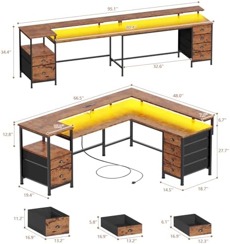 Furologee 66'' L Shaped Computer Desk with 6 Drawers & LED, Rustic Brown - Image 3