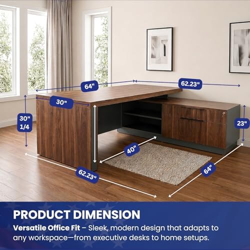 OfficeSimpli L Executive Desk with Drawers, Made in USA, 64x63x30, Walnut - Image 2