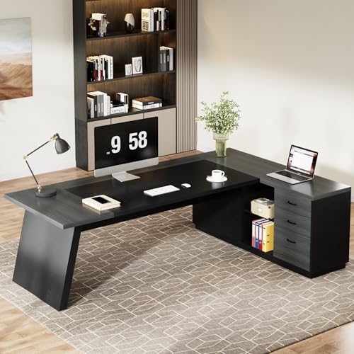 Tribesigns 78" L-Shaped Executive Desk, Large Modern Office Desk with Drawers and Lateral File Cabinet, Business Furniture with Storage Shelves, Big Computer Desk for Home Office (Grey + Blcak) - Image 5