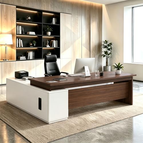 L Shaped Executive Desk with Drawers, Large Wood Workstation, Modern Executive Office Furniture for Home Office and Business Workspace, Multiple Sizes & Colors by Unknown