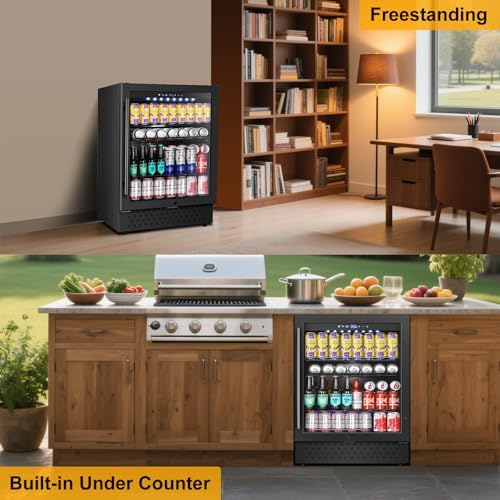 FoMup Beverage Refrigerator 24 Inch 200 Can Drink Fridge with Glass Door, Under Counter/Freestanding Beverage Cooler with Temperature Control, Reversible Door, Quick Cooling for Beer Soda Wine, Black - Image 5