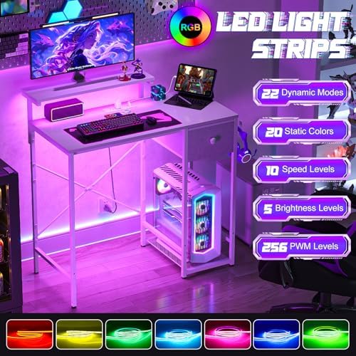 X-cosrack 33.5" Small Computer Desk with Monitor Stand & Outlets, Small Gaming Desk with LED Light & CPU Stand, Teen Study Writing Table with Storage Drawer, Side Hooks for Bedroom, Home Office White - Image 5