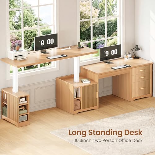 SEDETA Fluted L Shaped Electric Standing Desk, 63" x 67" Height Adjustable Home Office Executive Desk with Drawers and Shelves, Two Person Desk with Power Outlet for Home Office, Oak - Image 4