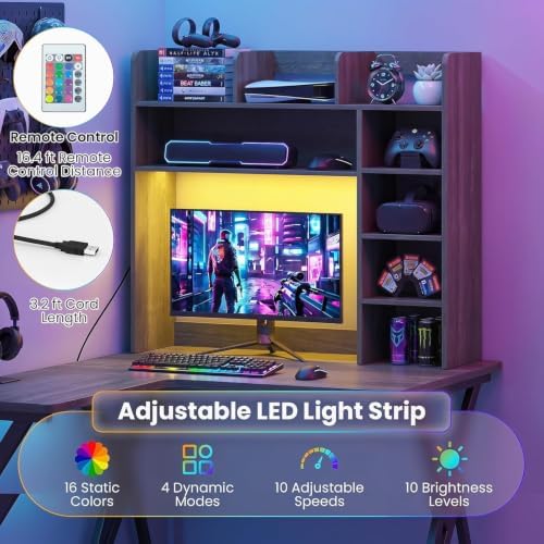 GLACER Desktop Bookshelf with LED Lights, Desk Hutch for Max 25" Monitor - Image 6