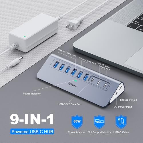 Powered USB Hub 10Gbps, intpw 9-Port USB 3.2/USB C Hub(3 USB 3.2 + 4 USB 3.0 + 2 PD 45W Charging Ports), 65W Power Adapter and 3.3FT Cable, Aluminum USB Hub for Laptop, iPhone 17/16/PC - Image 2