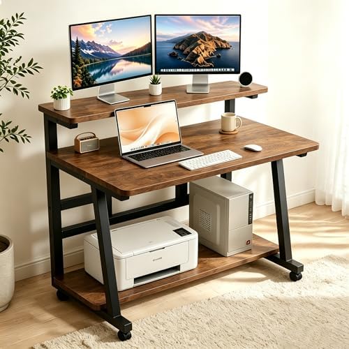 31.5 Inch Compact Rolling Computer Desk with Tier Worktable & Lockable Wheels, Small Computer Desk, Small Desk for Bedroom, Mobile Writing Workstation Easy Assembly for Home Office Small Spaces - Image 2