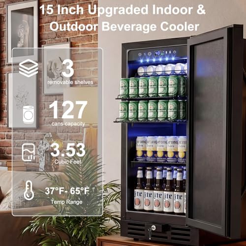 15 Inch Beverage Cooler, 127-Can Stainless Steel Drink Refrigerator with Reversible Door, Built-in or Freestanding Mini Fridge with Blue LED Light, Lock and Key for Indoor Outdoor Use, Black - Image 2