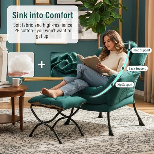 Furlide Lazy Chair with Ottoman, Comfy Velvet Reading Chair for Bedroom，Dark Green - Image 4
