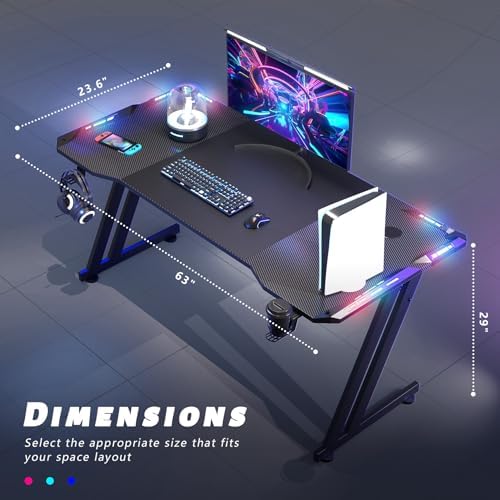 HLDIRECT 63 Inch Gaming Desk Z Shaped Carbon Fiber Computer Desk with LED - Image 3