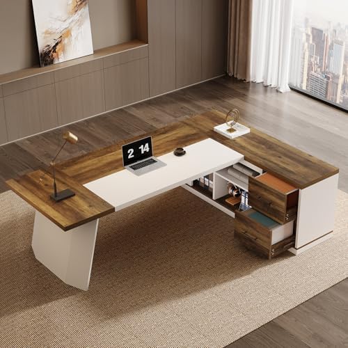 Tribesigns 78.7" L-Shaped Executive Desk, Modern Office Desk with 55.1" Storage Cabinet, Large Computer Table with Drawers, Business Furniture Workstation for Home Office, Brown & White - Image 4