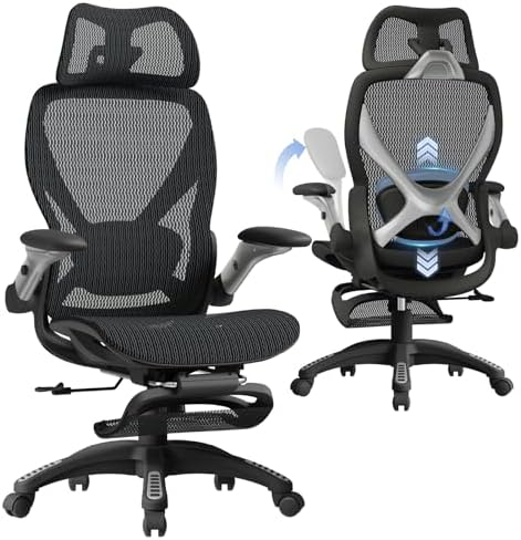 ELABEST X100 Ergonomic Mesh Office Chair with Footrest, Big and Tall Hone Desk Chair with 5D Flip-Up Arms, Adjustable 3D Lumbar Support,Gaming & Executive Computer Chairs by ELABEST