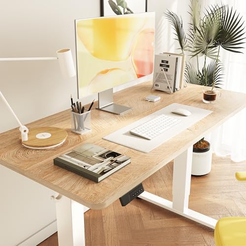 Cubiker Standing Desk, 55x24 Inches Sit Stand Home Office Desk, Electric Stand up Desk, Adjustable Desk with Splice Board, White Frame/Maple Top - Image 2