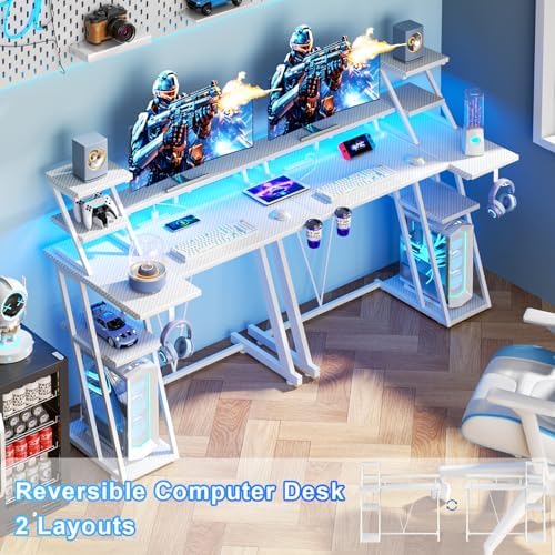 Korfile 40 Inch White Gaming Desk with LED Lights & Power Outlet, Small Gaming Computer Desk with Storage Shelves, L Shaped Gamer Workstations with Monitor Stand for Bedroom - Image 3