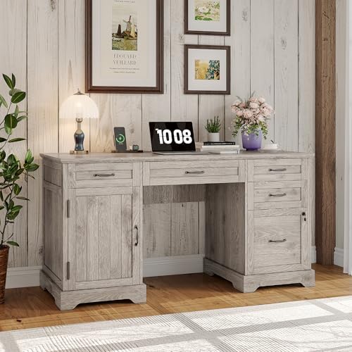 Whalefall 55'' Farmhouse Desk Home Office with Drawers, Light Gray - Image 3