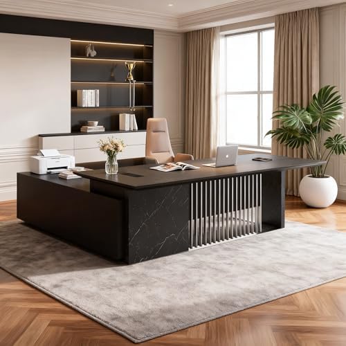 86.6” Luxury Executive Desk, L Shaped Office Desk with Storage & Wireless Charging, Marble Texture Modern CEO Desk with 304 Stainless Steel Grille, for CEO Office & Designer Home Office (Right) by SAINTCY