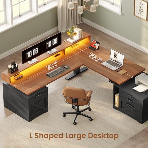SEDETA Farmhouse L Shaped Standing Desk, 70.1" x 73.2" Height Adjustable Home Office Executive Desk with Drawers, Power Outlet, Monitor Stand, Sit Stand Table with Led Lights for Home Office, Black - Image 5