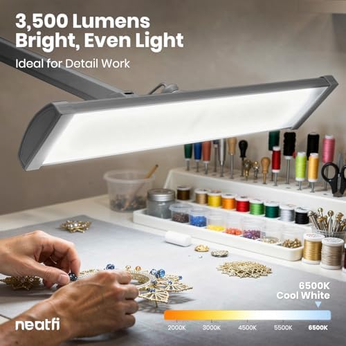 Neatfi Ultra 3,500 Lumens LED Desk Lamp with Clamp – 45W, 270 SMD LEDs, Shadow-Free | Adjustable Brightness | Task Light for Nail, Craft & Office (Silver, 26-Inch Wide Shade) - Image 6
